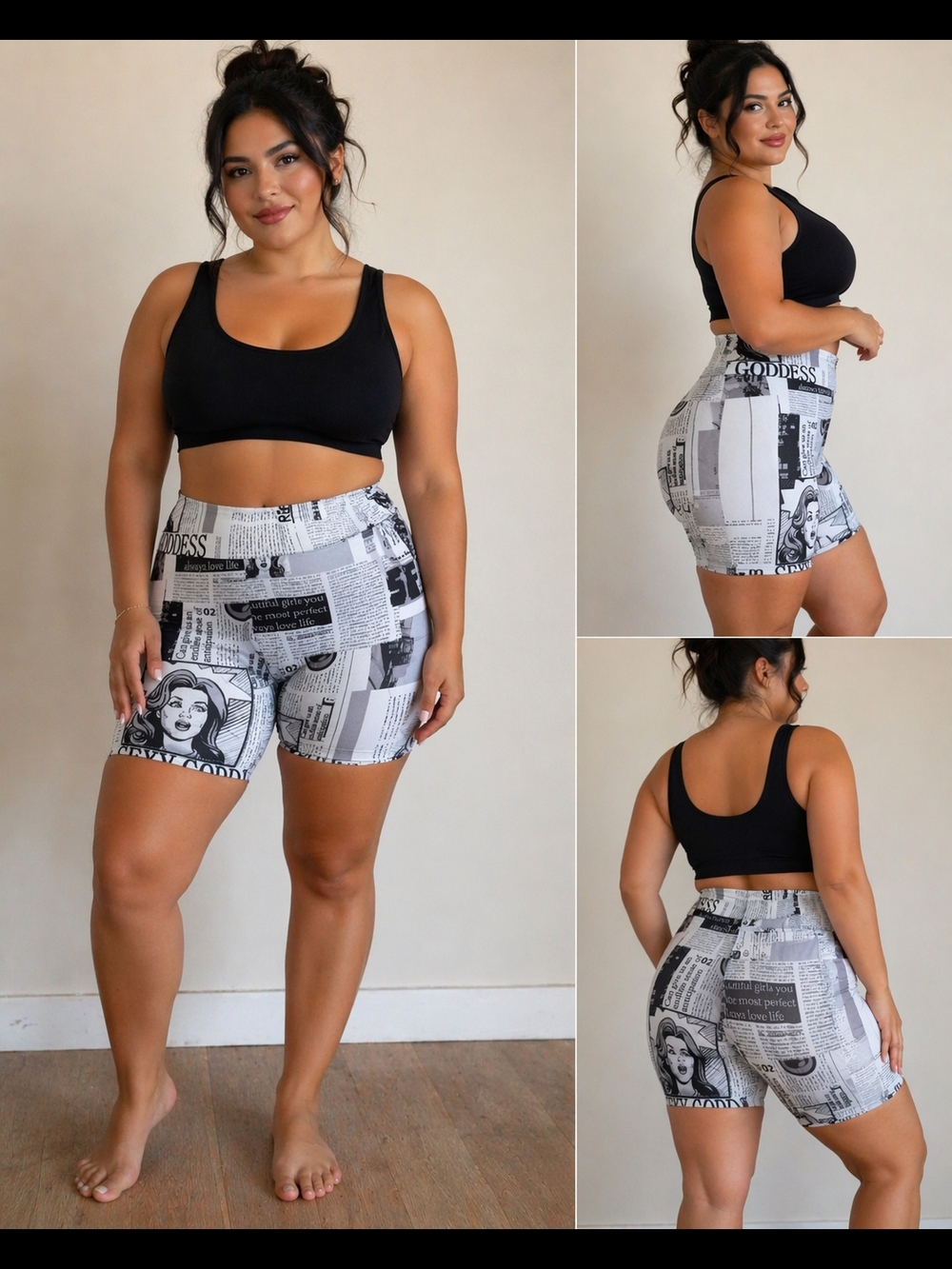 High-Waist Black & White Newspaper Print Scrunch Butt Bike Shorts